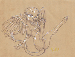 Size: 2195x1669 | Tagged: safe, artist:fanch1, gabby, griffon, g4, the fault in our cutie marks, bedroom eyes, butt, catbird, claws, featureless crotch, female, pads, paw fetish, paw pads, paws, plot, presenting, sketch, smiling, solo, spread wings, tail, traditional art, underpaw