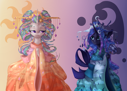 Size: 2800x2000 | Tagged: dead source, safe, artist:rinioshi, princess celestia, princess luna, pony, g4, bipedal, clothes, cutie mark background, dress, duo, ear fluff, floppy ears, hair accessory, high res, historical chinese clothing, lidded eyes, royal sisters