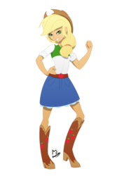 Size: 1024x1448 | Tagged: safe, artist:basykail, applejack, equestria girls, g4, boots, clothes, cowboy hat, denim skirt, female, freckles, grin, hat, high heel boots, signature, simple background, skirt, smiling, solo, stetson, transparent background