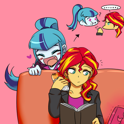 Size: 1000x1000 | Tagged: safe, artist:raika0306, sonata dusk, sunset shimmer, equestria girls, g4, blushing, book, couch, cute, cute little fangs, fangs, food, heart, hot dog, meat, omnivore sunset, sausage, sonatabetes
