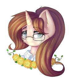 Size: 1776x1848 | Tagged: dead source, safe, artist:freckleplant, oc, oc only, pony, unicorn, bust, crying, eye clipping through hair, flower, glasses, portrait, rose, simple background, solo, white background