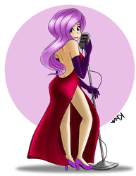 Size: 638x825 | Tagged: safe, artist:kprovido, fluttershy, butterfly, human, g4, clothes, crossover, dress, female, high heels, humanized, jessica rabbit, jessica rabbit dress, lipstick, makeup, sexy, side slit, solo, who framed roger rabbit