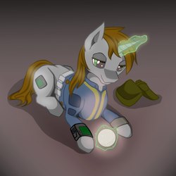Size: 1500x1500 | Tagged: artist needed, safe, oc, oc only, oc:littlepip, pony, unicorn, fallout equestria, my little brony risovach, clothes, cutie mark, fanfic, fanfic art, female, glowing horn, gradient background, hooves, horn, jumpsuit, levitation, magic, mare, memory orb, pipbuck, prone, solo, telekinesis, vault suit
