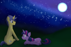 Size: 3000x2000 | Tagged: safe, artist:yinglung, comet tail, twilight sparkle, alicorn, pony, g4, crack shipping, duo, grass, high res, male, moon, night, night sky, ship:cometlight, shipping, straight, twilight sparkle (alicorn)