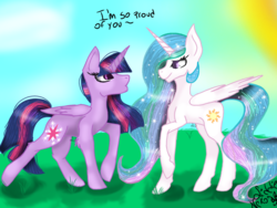 Size: 1024x768 | Tagged: safe, artist:liddieneko, princess celestia, twilight sparkle, alicorn, pony, g4, dialogue, duo, grass, looking at each other, proud, raised hoof, raised leg, sky, smiling, sun, twilight sparkle (alicorn)