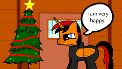 Size: 2560x1440 | Tagged: safe, alternate character, alternate version, artist:steamyart, oc, oc only, alicorn, pony, alicorn oc, base used, christmas, christmas tree, red and black oc, solo, speech bubble, tree