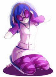 Size: 1024x1410 | Tagged: dead source, safe, artist:ni70, dj pon-3, vinyl scratch, equestria girls, g4, clothes, female, fingerless gloves, gloves, headphones, listening, looking at you, music, pants, solo