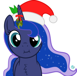 Size: 2500x2481 | Tagged: safe, artist:arifproject, princess luna, alicorn, pony, g4, :i, arif's christmas pones, arif's scrunchy pone, chest fluff, cute, female, hat, high res, leaf, looking at you, mistletoe, santa hat, simple background, solo, transparent background, vector