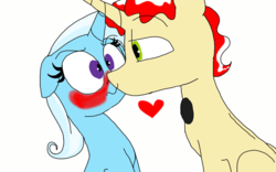 Size: 1024x640 | Tagged: safe, artist:doodletheexpoodle, flim, trixie, pony, unicorn, g4, blushing, crack shipping, female, flixie, floppy ears, heart, lidded eyes, looking at each other, mare, shipping, simple background, wavy mouth, white background