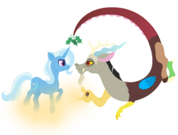 Size: 1708x1296 | Tagged: safe, artist:carouselunique, discord, trixie, pony, unicorn, g4, female, holly, male, mare, mistleholly, mistletoe, shipping, simple background, straight, transparent background, trixcord