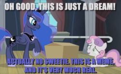 Size: 1100x676 | Tagged: safe, edit, edited screencap, screencap, princess luna, sweetie belle, for whom the sweetie belle toils, g4, box, concave belly, crown, dazed, dialogue, duo, female, filly, foal, folded wings, fourth wall, height difference, hoof shoes, image macro, inception, jewelry, mare, meme, peytral, princess shoes, raised hoof, regalia, slender, talking, thin, window, wings