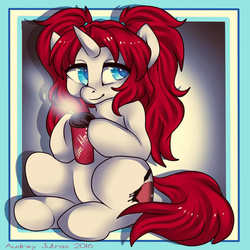 Size: 1000x1000 | Tagged: safe, artist:fur-what-loo, oc, oc only, oc:scarlet heart, pony, unicorn, sitting, solo, tim hortons