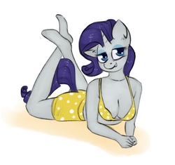 Size: 1848x1740 | Tagged: safe, artist:marsminer, rarity, anthro, plantigrade anthro, g4, bikini, breasts, cleavage, clothes, female, solo, swimsuit