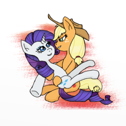 Size: 700x700 | Tagged: safe, artist:eulicious, applejack, rarity, pony, g4, bedroom eyes, female, holding a pony, lesbian, looking at each other, ship:rarijack, shipping, simple background