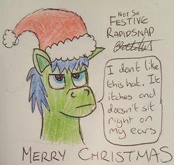 Size: 960x905 | Tagged: safe, artist:rapidsnap, oc, oc only, oc:rapidsnap, earth pony, pony, :|, bust, christmas, complaining, dialogue, floppy ears, grumpy, hat, looking up, male, merry christmas, portrait, santa hat, solo, stallion, traditional art