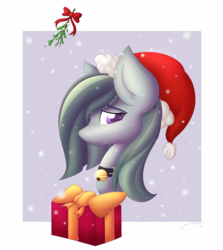 Size: 1250x1400 | Tagged: safe, artist:d-sixzey, marble pie, earth pony, pony, g4, bell, bell collar, bust, christmas, collar, female, gift wrapped, hat, mistletoe, portrait, present, santa hat, simple background, snow, solo