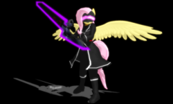 Size: 1280x768 | Tagged: safe, artist:ray670, artist:zoroark67, fluttershy, pegasus, anthro, plantigrade anthro, g4, 3d, alternate universe, boots, clothes, coat, crossover, mask, phantasy star, phantasy star online 2, possession, pso2, sword, weapon