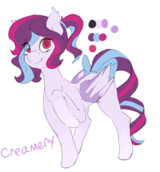 Size: 2227x2394 | Tagged: safe, artist:futaku, oc, oc only, oc:creamery, bat pony, pony, bow, bowtie, cute, fangs, female, freckles, high res, mare, multicolored hair, ponytail, reference sheet, simple background, solo