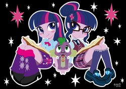 Size: 1200x848 | Tagged: safe, artist:michiyoshi, sci-twi, spike, twilight sparkle, dog, equestria girls, g4, black background, book, cutie mark, glasses, simple background, spike the dog, twolight