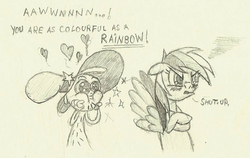 Size: 600x380 | Tagged: safe, artist:grivous, rainbow dash, g4, angry, annoyed, blushing, crossover, dialogue, friendshipping, heart, simple background, sketch, sparkles, stars, traditional art, wander (wander over yonder), wander over yonder