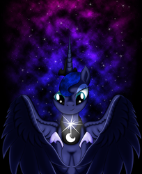 Size: 2216x2717 | Tagged: safe, artist:lifesharbinger, princess luna, g4, creation, female, high res, magic, solo, spread wings, stars, tangible heavenly object, winter solstice