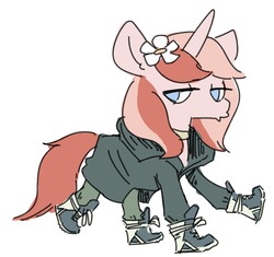 Size: 1269x1193 | Tagged: safe, artist:nobody, oc, oc only, oc:rosebud, pony, unicorn, geobasket, high fashion, rick owens, shoes, smug, sneakers, solo