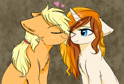 Size: 1058x716 | Tagged: safe, artist:moonabelle, applejack, oc, oc:sky, g4, canon x oc, chest fluff, eyes closed, female, floppy ears, fluffy, heart, lesbian, nuzzling, ponysona, shipping