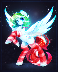 Size: 1629x2022 | Tagged: safe, artist:koveliana, oc, oc only, oc:mint polaire, pegasus, pony, chromatic aberration, clothes, commission, looking at you, rearing, socks, solo, striped socks