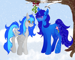 Size: 2000x1600 | Tagged: safe, artist:silverkitsune84, oc, oc only, oc:coldfire, oc:delly, pegasus, pony, unicorn, blushing, cute, female, lesbian, mistletoe, shipping, smiling, snow, tree, under the tree