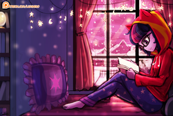 Size: 1125x750 | Tagged: safe, artist:lumineko, sci-twi, twilight sparkle, equestria girls, g4, barefoot, bed, book, bookshelf, cat hoodie, clothes, cute, feet, female, glasses, hoodie, implied lesbian, implied scitwishimmer, implied shipping, implied sunsetsparkle, lidded eyes, pajamas, pillow, reading, sitting, smiling, snow, solo, twiabetes, window, winter