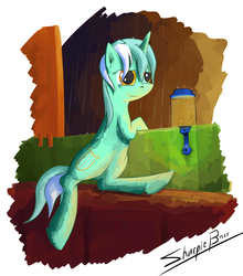 Size: 3302x3746 | Tagged: safe, artist:sharpieboss, lyra heartstrings, firefly (insect), pony, unicorn, g4, fanfic art, female, firefly lamp, high res, lantern, mare, rain, sitting, smiling, solo, train, wet mane