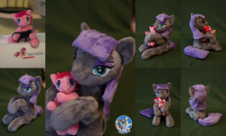 Size: 1654x1000 | Tagged: safe, artist:essorille, maud pie, pinkie pie, g4, cute, doll, hug, irl, maudabetes, photo, plushie, scissors, smiling, toy, when she smiles, wrong cutie mark