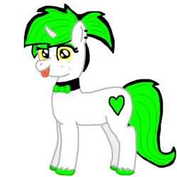 Size: 1200x1200 | Tagged: safe, artist:poniplayge, derpibooru exclusive, oc, oc only, oc:emerald gloom, pony, unicorn, 2017 community collab, derpibooru community collaboration, bowtie, cutie mark, ear piercing, piercing, simple background, solo, tongue out, transparent background, yellow eyes