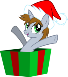Size: 2751x3112 | Tagged: safe, artist:outlawedtofu, oc, oc only, oc:littlepip, pony, unicorn, fallout equestria, box, fanfic, fanfic art, female, freckles, hat, high res, hooves, horn, mare, open mouth, pony in a box, present, santa hat, simple background, solo, transparent background, vector