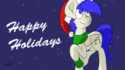 Size: 2560x1440 | Tagged: safe, artist:platenjack, oc, oc only, oc:platen, pegasus, pony, christmas, clothes, hat, holiday, santa hat, scarf, snow, solo, winter