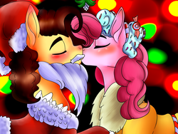 Size: 1600x1200 | Tagged: safe, artist:brainiac, cheese sandwich, pinkie pie, spirit of hearth's warming presents, g4, clothes, hat, kissing, male, mistletoe, poetry in the description, santa hat, ship:cheesepie, shipping, straight