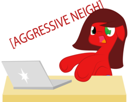 Size: 2000x1601 | Tagged: safe, artist:lavdraws, oc, oc only, oc:metro, pegasus, pony, annoyed, bionic eye, computer, descriptive noise, female, frown, glare, laptop computer, looking at you, mare, meme, neigh, open mouth, simple background, solo, table, transparent background, underhoof, vector