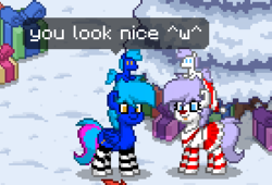 Size: 277x188 | Tagged: safe, oc, oc only, oc:cloud icicle, oc:lucky duck, pony, pony town, christmas, christmas tree, clothes, plushie, present, snow, socks, stockings, striped socks, tree