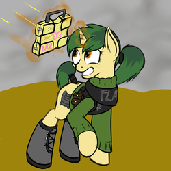 Size: 1400x1400 | Tagged: safe, artist:frecklesfanatic, oc, oc only, oc:flack, pony, unicorn, fallout equestria, boots, bullet, clothes, cutie mark, female, flak jacket, freckles, magic, solo, sweater