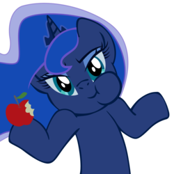 Size: 2048x2048 | Tagged: safe, artist:adiwan, princess luna, g4, apple, eating, female, food, high res, human shoulders, looking at you, no neck, shrug, shrugpony, simple background, solo, transparent background