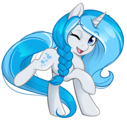 Size: 2119x2000 | Tagged: safe, artist:askbubblelee, oc, oc only, oc:bubble lee, pony, unicorn, 2017 community collab, derpibooru community collaboration, braid, cute, freckles, heart eyes, high res, looking at you, ocbetes, one eye closed, open mouth, raised hoof, raised leg, simple background, smiling, solo, transparent background, wingding eyes, wink