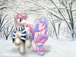 Size: 1100x825 | Tagged: safe, artist:breadpudd, artist:felisrandomis, oc, oc only, oc:intrepid charm, oc:silverthread, pony, forest, snow, winter