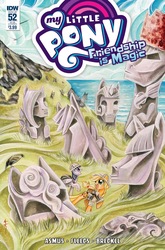 Size: 1054x1600 | Tagged: safe, artist:sara richard, idw, applejack, twilight sparkle, alicorn, pony, friendship is magic #52, g4, spoiler:comic, clothes, cover, easter island, grass, happy, hat, moai, open mouth, pith helmet, raised hoof, smiling, statue, twilight sparkle (alicorn)