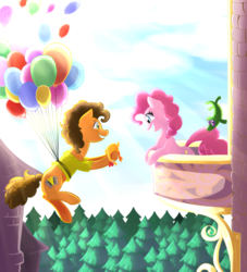 Size: 714x786 | Tagged: safe, artist:zlayd-oodles, boneless, cheese sandwich, gummy, pinkie pie, g4, balcony, balloon, male, ship:cheesepie, shipping, straight