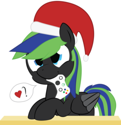 Size: 2000x2070 | Tagged: safe, artist:mintysketch, oc, oc only, pegasus, pony, controller, hat, high res, male, minty's christmas ponies, santa hat, simple background, solo, speech bubble, transparent background, xbox 360 controller, xbox controller