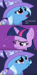 Size: 656x1312 | Tagged: safe, edit, edited screencap, screencap, trixie, twilight sparkle, pony, unicorn, g4, magic duel, cake, denied, female, floppy ears, food, frown, lidded eyes, mare, moral event horizon, open mouth, pouting, pure unfiltered evil, sad, trixie's cape, trixie's hat, unamused