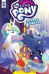 Size: 1054x1600 | Tagged: safe, artist:tony fleecs, idw, philomena, princess celestia, princess luna, tiberius, phoenix, friends forever #38, g4, my little pony: friends forever, annoyed, comic, eye contact, frown, glare, looking at each other, raised hoof, royal sisters, spread wings