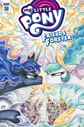 Size: 1054x1600 | Tagged: safe, artist:sara richard, idw, princess celestia, princess luna, friends forever #38, g4, my little pony: friends forever, angry, canterlot, eye contact, floppy ears, frown, glare, glowing horn, hoof hold, horn, horns are touching, looking at each other, magic, royal sisters