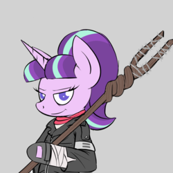 Size: 1500x1500 | Tagged: safe, artist:pandramodo, derpibooru exclusive, starlight glimmer, semi-anthro, g4, barbed wire, clothes, crossover, equal cutie mark, evil grin, female, gray background, grin, looking at you, lucille, negan, s5 starlight, simple background, smiling, solo, staff, staff of sameness, the walking dead