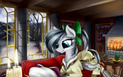 Size: 1920x1200 | Tagged: safe, artist:aurelleah, oc, oc only, oc:silver emerald heart, pony, artificial wings, augmented, book, bookshelf, candle, clothes, commission, couch, fire, fireplace, garter belt, jewelry, mare in the moon, mechanical wing, moon, necklace, pillow, prone, reading, ribbon, snow, solo, table, wings, winter
